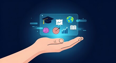 holding a with icons representing education, growth, success. interface includes a graduation cap, Education Distance E-learning Online Learning Personal development concept, A human hand open 