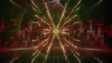 Wall Mural - digital animation of yellow digital waves over red mosaic squares against black background