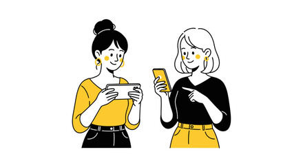 Two young women in a minimalist line art style, one holding a smartphone horizontally, the other pointing at her vertical phone.