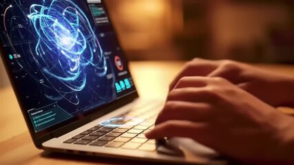 Person typing on laptop with futuristic screen