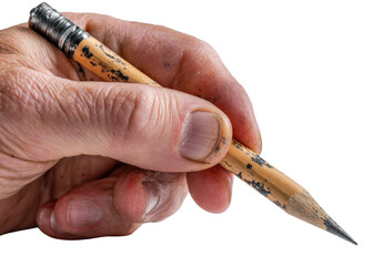 Close-up of a weathered hand holding a used pencil.  The pencil is stained and has worn down wood.  Hand shows signs of age and use