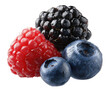 © Medium - Close-up of mixed fresh berries.  Three types of juicy berries?raspberries, blueberries, and blackberries?are clustered together.  Vibrant colors and glistening surfaces