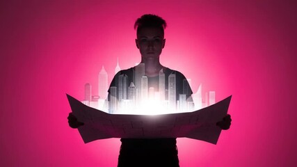 Person holding blueprint with city skyline projection