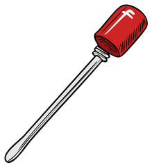 Stylized red and silver cooking tool with a stylized handle