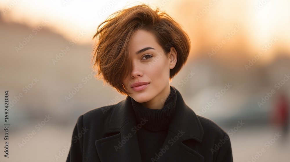 Young woman with stylish short hairstyle poses confidently outdoors ...