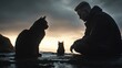 © Patipat - Silhouetted Man and Two Cats at Sunset by the Coast