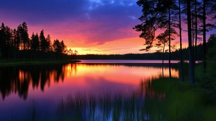 Wall Mural - Serene sunset over a tranquil lake surrounded by lush trees reflecting vibrant colors