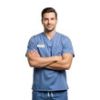 © harsya - Smiling Male Registered Nurse in Blue Scrubs with Name Tag, Standing Confidently with Arms Crossed, Isolated on Transparent Background. PNG Cut Out Transparent