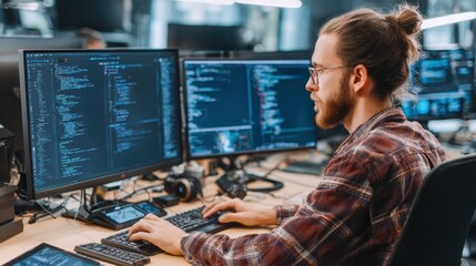 A focused programmer writing code on multiple screens in a modern workspace, immersed in technology and innovation.