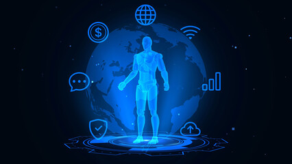 Wall Mural - Digital Human Avatar with Global Networking Elements and Futuristic Design