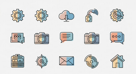 Vector icon set of business technology and communication tools for website and app development design