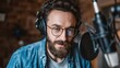© CStock - Man recording a podcast in a cozy studio, wearing headphones and glasses, surrounded by a relaxed atmosphere.