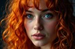 © starush - Woman with vibrant red curly hair and striking blue eyes looking directly at the camera