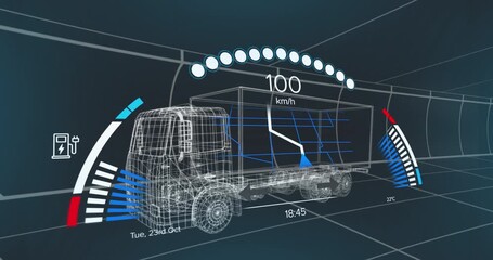 Wall Mural - animation of car interface over digital lorry model on black background