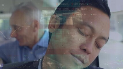 Wall Mural - animation of data processing over asian businessman in bus