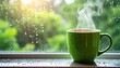 © fantasy - Steaming cup on a rainy windowsill. Drops cling to the bright green mug against a blurry green backdrop. Sunlight glows through the rain-streaked glass