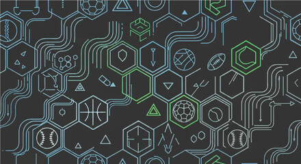 Abstract futuristic sports technology background with data network and hexagonal grid illustration
