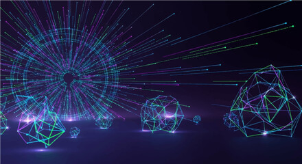 Futuristic abstract background of a digital network portal with streaming data light trails and glowing geometric structures