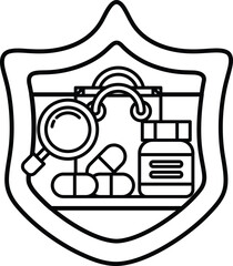 Wall Mural - A black and white image of a shield with a magnifying glass and a bag of pills