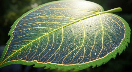 Leaf with water droplets symbolizes net zero emissions and environment protection through natural energy and sustainable growth