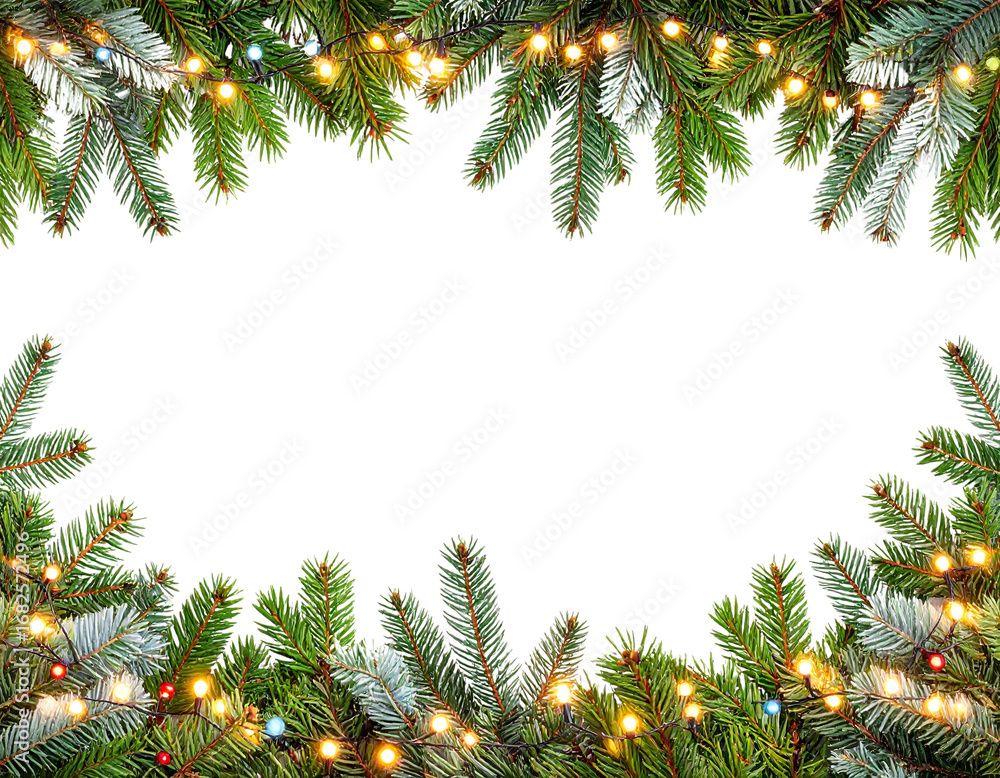 Firefly_Snowflake border. Gold Christmas banner, divide - Firefly_Christmas tree garlands on transparent background. Realistic pine-tree branches with