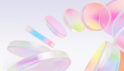 Wall Mural - holographic 3d glass circle discs with iridescent gradient. abstract geometric background with speed
