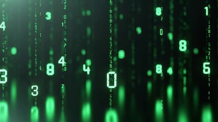 Abstract digital matrix background with glowing green numbers cascading down, ideal for technology, coding, and futuristic concepts in digital media projects