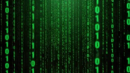 Dynamic digital stream featuring cascading green binary code on a dark backdrop, suitable for technology, cybersecurity, and software development projects.