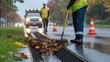 © Always - Municipal crew clearing bioswale debris during storm for drainage