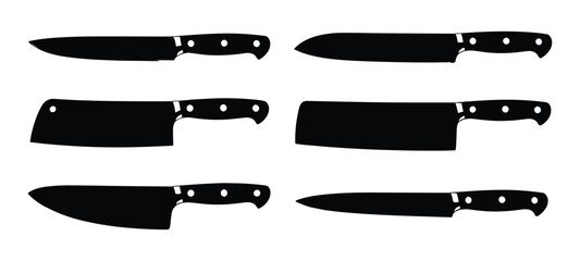 Collection Of Black Kitchen Knife Silhouettes On White Background cooking utensil
