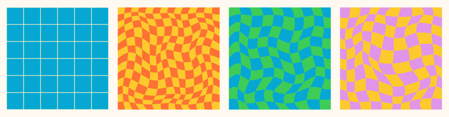 Canvas Print - psychedelic checkerboard. retro set 60s 70s vector seamless patterns, groovy hippie style background