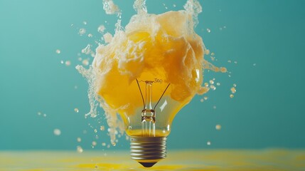 Wall Mural - a vibrant light bulb emerges from a splash of yellow liquid. the dynamic motion captures creativity 