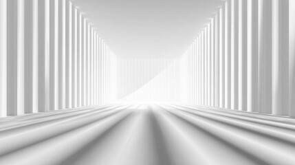 An abstract white geometric corridor with parallel lines and columns, showcasing a minimalist and modern design with light and shadows.