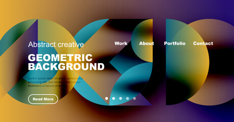 Modern website header design. Colorful geometric shapes, text overlay, navigation menu. Simple button present. Vibrant visual presentation.