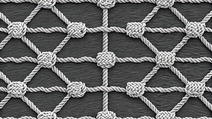 Close up of a tightly woven rope net with intricate knot details forming a repeating geometric pattern