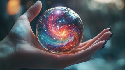 Canvas Print - a hand holding a crystal ball with a colorful galaxy inside.