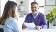 © hyoto - Interview setting with two people, a man and a woman, indoors, looking at documents and smiling, in an office environment