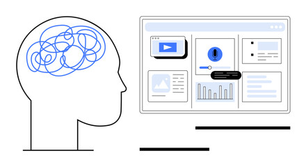 Wall Mural - Profile head with tangled lines inside brain paired with organized data dashboard featuring charts, alerts, and metrics. Ideal for mental health, productivity, stress, mindfulness, data management