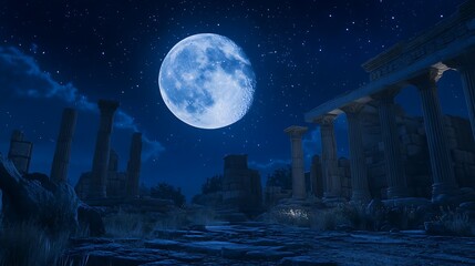 Wall Mural - Ancient pillars standing tall beneath radiant glowing moon night high resolution picture