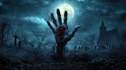 Canvas Print - a zombie hand emerging from the ground in a dark, eerie graveyard with a full moon in the background