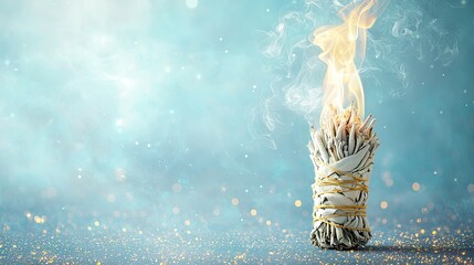 Wall Mural - a burning sage stick with smoke against a blue background.