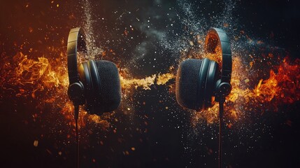 Wall Mural - headphones with fire and flames in the background.