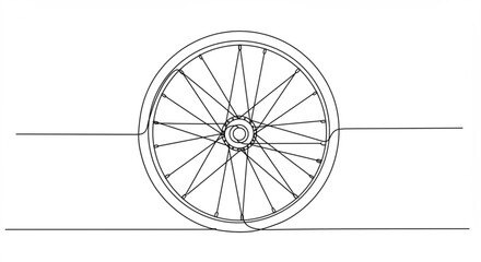 Dynamic bicycle wheel line art captures motion and engineering, perfect for sports and transport themes.