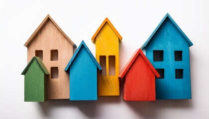 Top view of many wooden colorful decorations in shape of houses on white background. Generated image