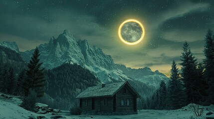 Wall Mural - A wooden cabin nestled in a snowy mountain landscape with a full moon shining above.