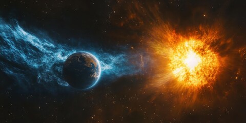 Wall Mural - A vibrant cosmic event showcases a planet enveloped in a swirling nebula, juxtaposed against a fiery stellar explosion.