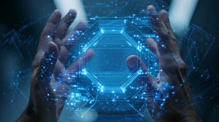 Two hands holding a glowing network data.