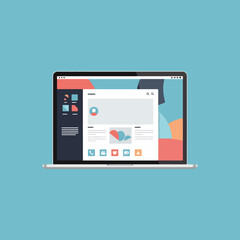 A flat-design illustration of a laptop computer displaying a user interface with various icons and windows.