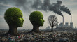 © Arteis - Symbolic depiction of environmental impact, featuring trees with human faces and industrial pollution.