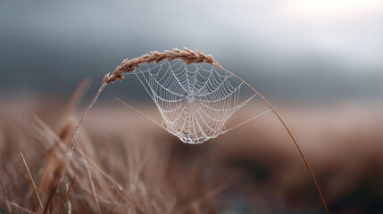 Delicate spiderweb, adorned with dewdrops, stretched between blades of grass. Symbolizes intricacy, natures beauty, fragile strength, and the start of a new day.